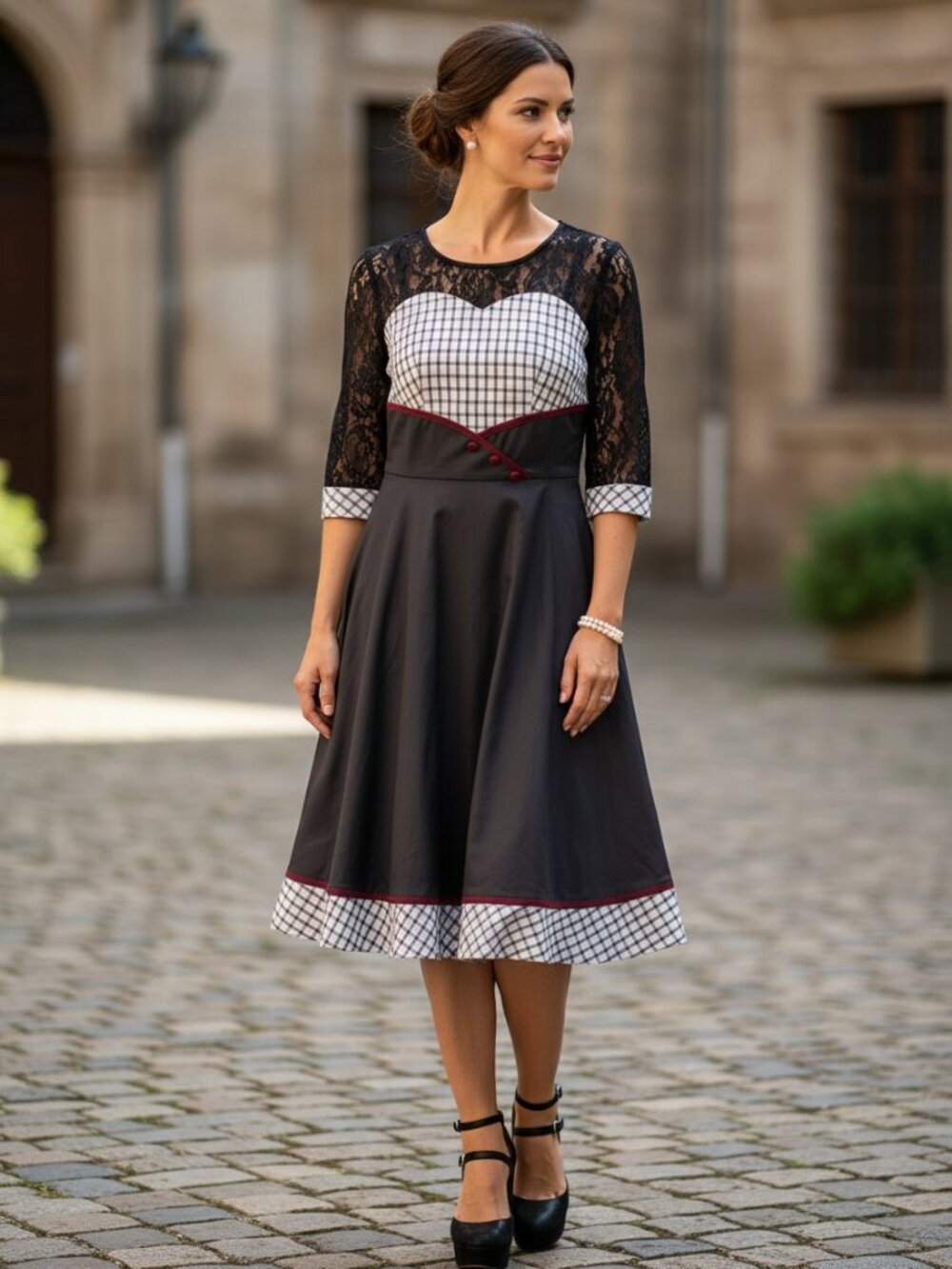 Unbranded Rockabilly Lace Plaid Dress Women Size M Black Excellent Retro Pinup